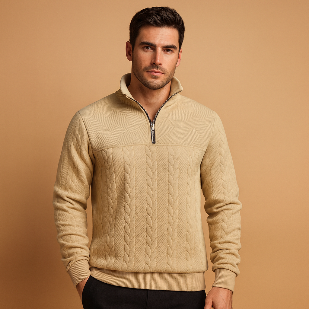 Men’s textured quarter-zip pullover with a relaxed fit and woven pattern, ideal for casual and semi-formal autumn and winter outfits.