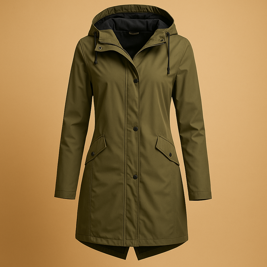 Transparent raincoat for women with adjustable hood and button closure, designed to stay stylish and dry in any weather.