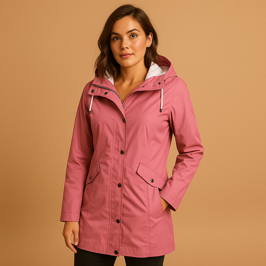 Transparent raincoat with hood for women featuring a sleek silhouette and lightweight breathable design, perfect for rainy days.