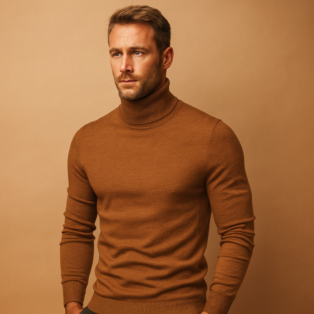 Men’s turtleneck sweater in slim fit with soft fabric, ideal for casual, work, and formal outfits during autumn and winter.