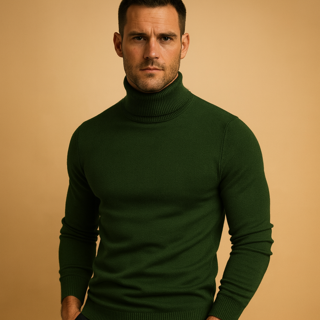 Men’s turtleneck sweater in slim fit with soft fabric, ideal for casual, work, and formal outfits during autumn and winter.