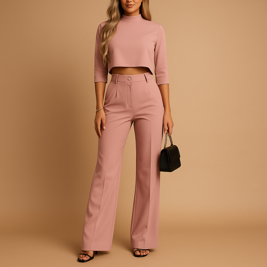 Stylish two-piece women’s outfit with cropped top and tailored pants, ideal for autumn days, workwear, and casual occasions.