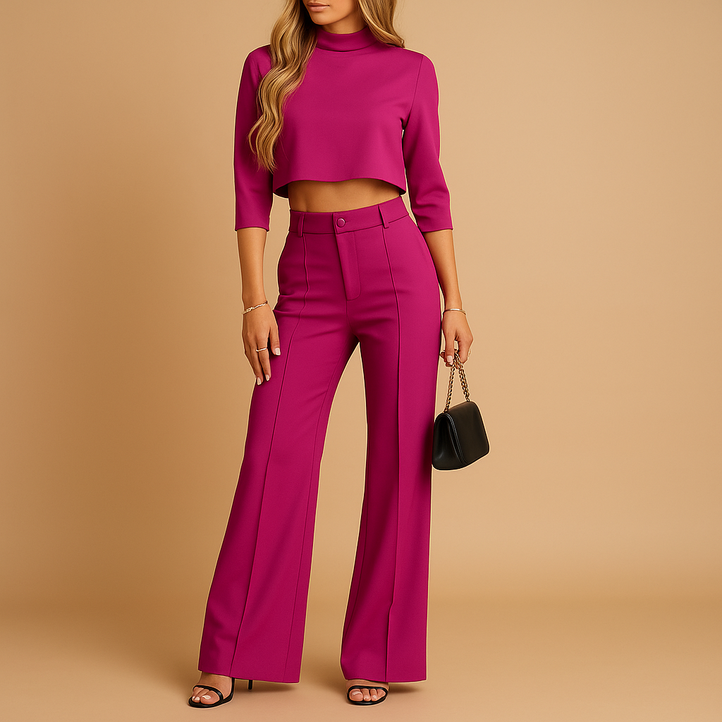 Stylish two-piece women’s outfit with cropped top and tailored pants, ideal for autumn days, workwear, and casual occasions.
