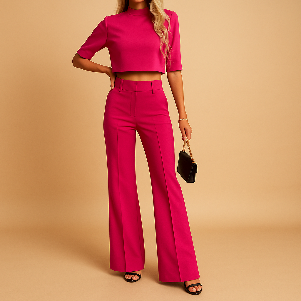 Stylish two-piece women’s outfit with cropped top and tailored pants, ideal for autumn days, workwear, and casual occasions.