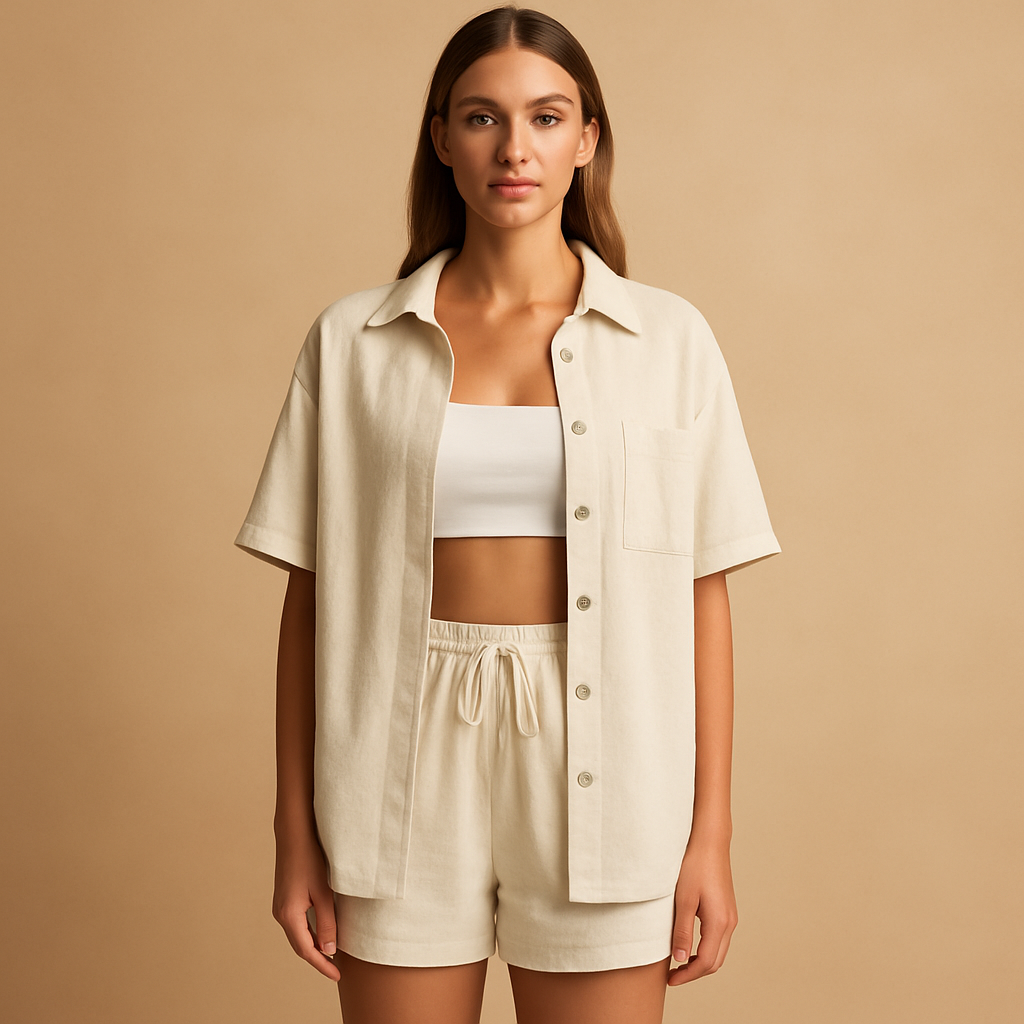 Women’s two-piece summer set with half-length cardigan and drawstring shorts, perfect for beach days, lounging, and everyday summer comfort.