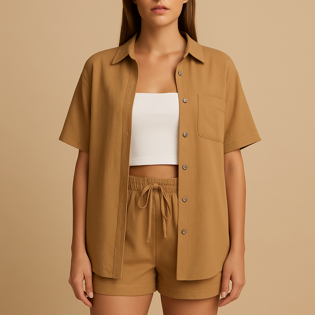 Women’s two-piece summer set with half-length cardigan and drawstring shorts, perfect for beach days, lounging, and everyday summer comfort.