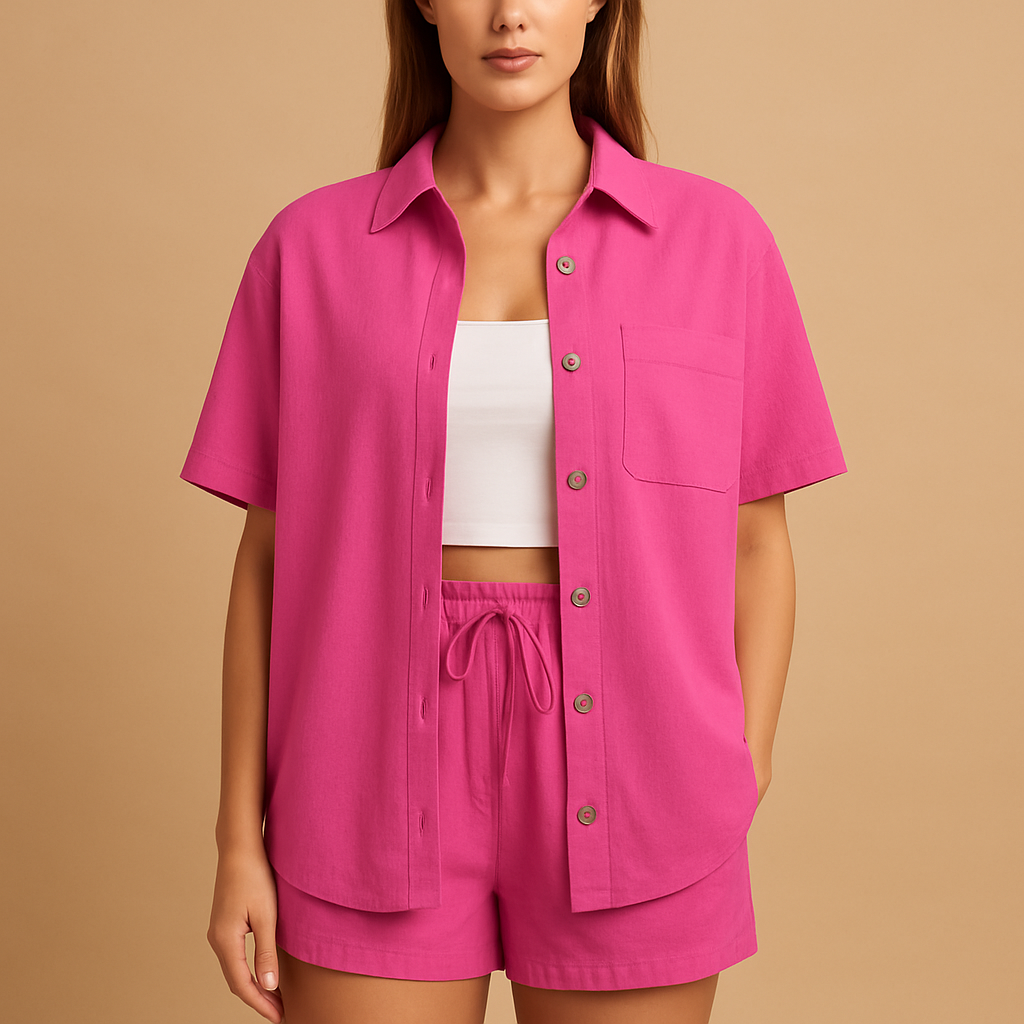 Women’s two-piece summer set with half-length cardigan and drawstring shorts, perfect for beach days, lounging, and everyday summer comfort.