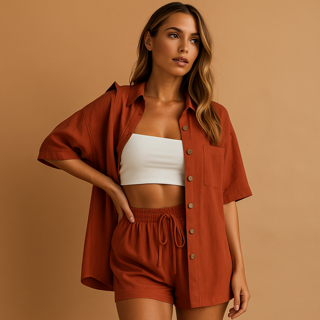 Women’s two-piece summer set with half-length cardigan and drawstring shorts, perfect for beach days, lounging, and everyday summer comfort.