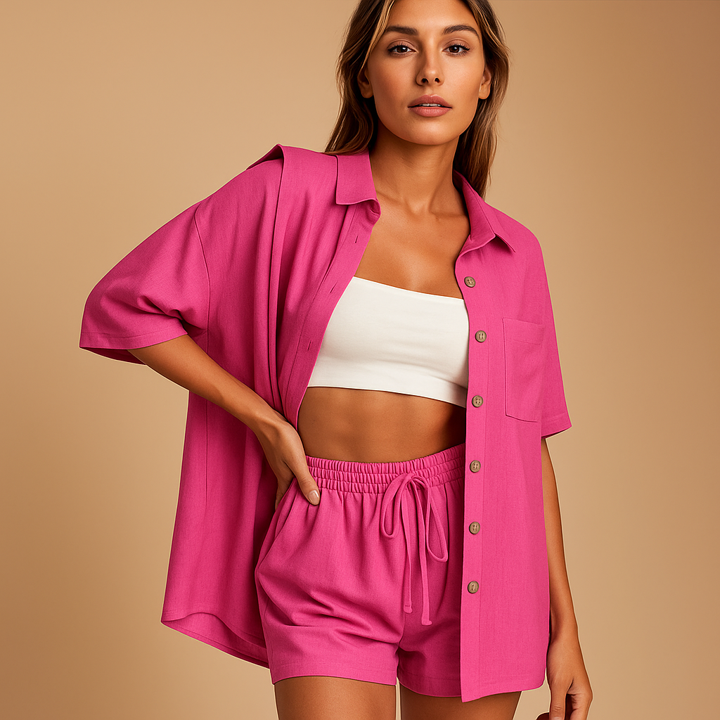 Women’s two-piece summer set with half-length cardigan and drawstring shorts, perfect for beach days, lounging, and everyday summer comfort.