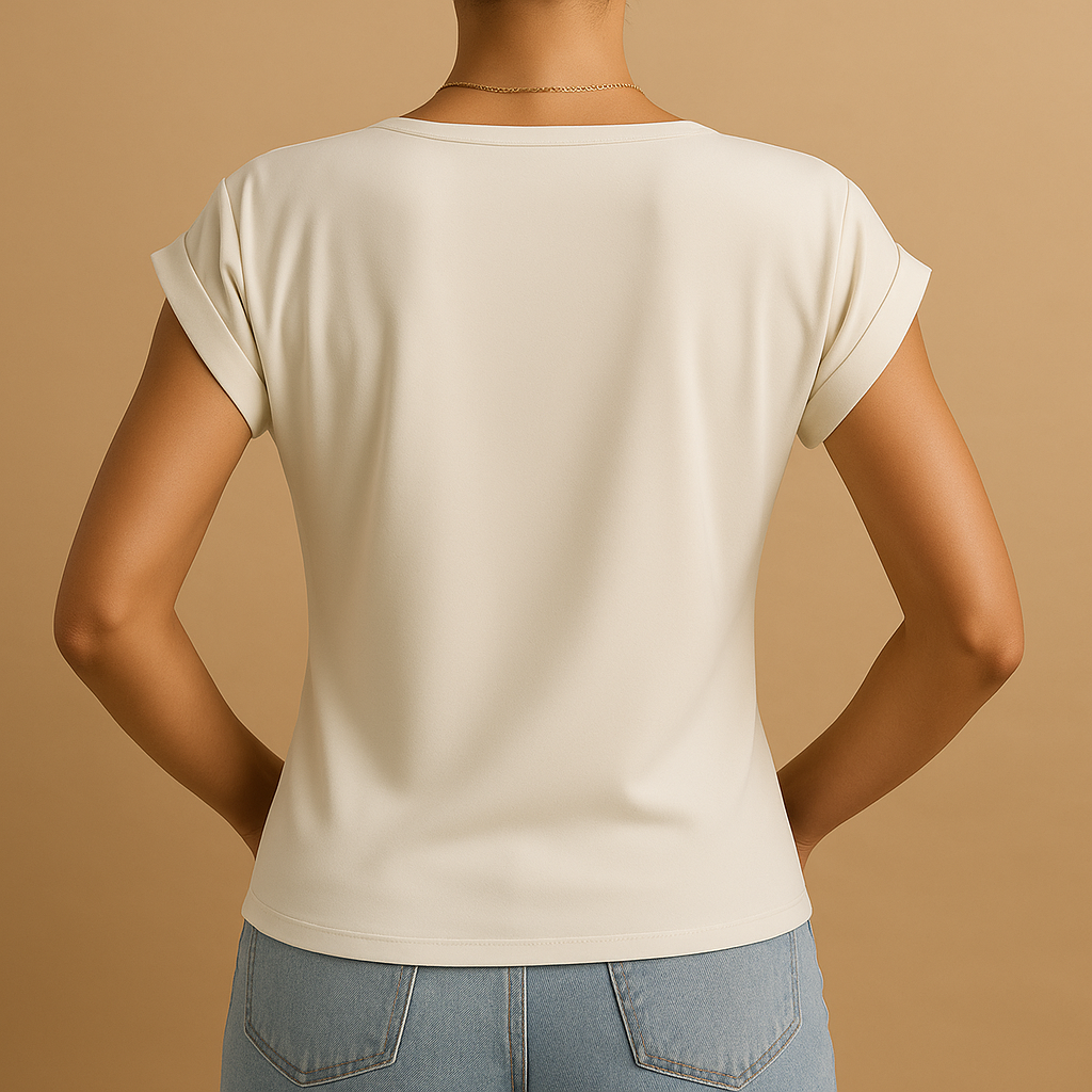 Woman wearing an elegant V-neck blouse for women, perfect for both work and casual occasions, featuring a timeless design.