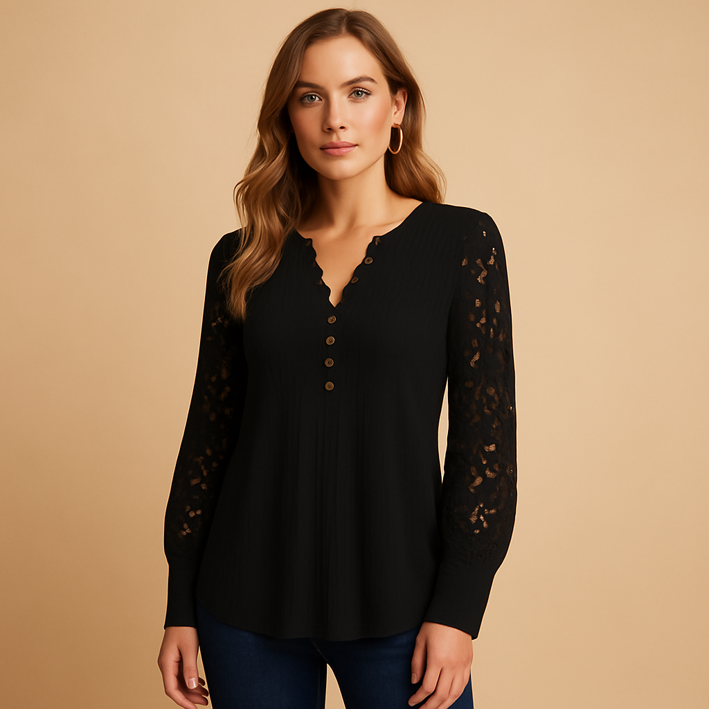 Women’s V-neck lace blouse with elegant lace accents and flattering fit, perfect for work, casual wear, or formal occasions.