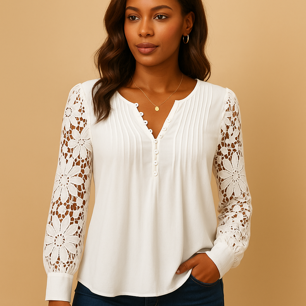 Women’s V-neck lace blouse with elegant lace accents and flattering fit, perfect for work, casual wear, or formal occasions.