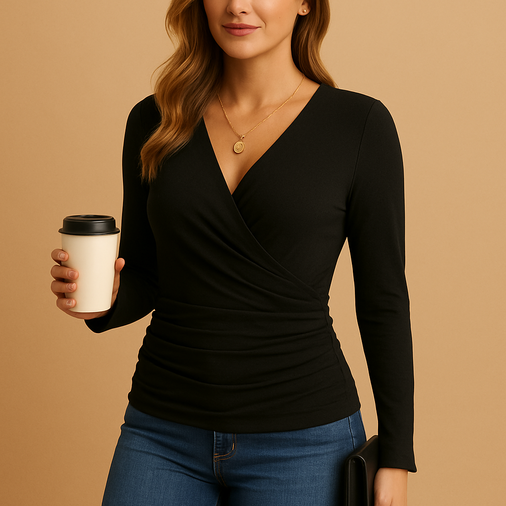Elegant V-neck long sleeve shirt for women in brown, black, and green, ideal for both work and casual everyday wear.