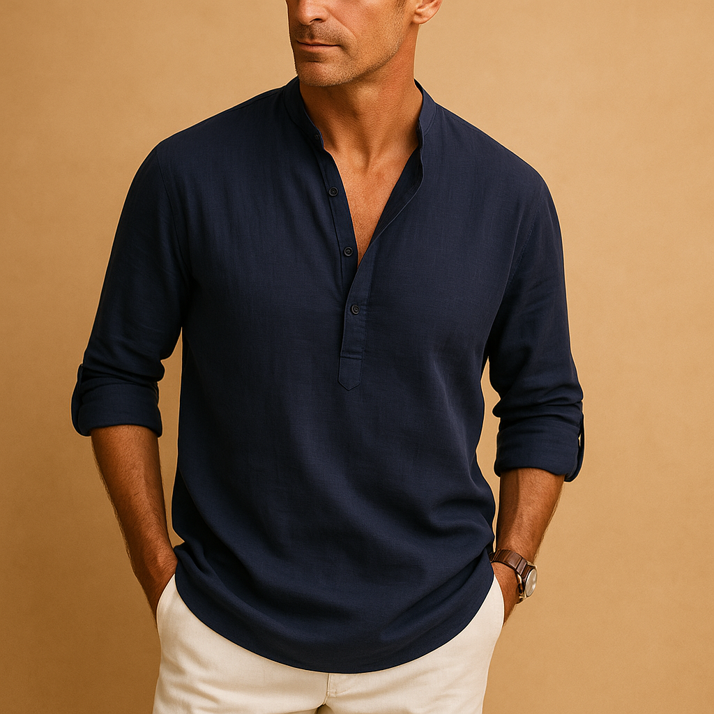 Lightweight V-neck long sleeve shirt for men in white, pink, navy, grey, blue, and black with breathable fabric and modern cut, perfect for summer and casual wear.