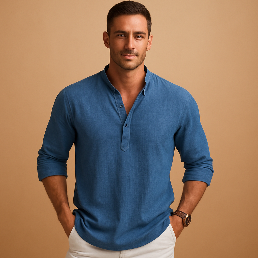 Lightweight V-neck long sleeve shirt for men in white, pink, navy, grey, blue, and black with breathable fabric and modern cut, perfect for summer and casual wear.