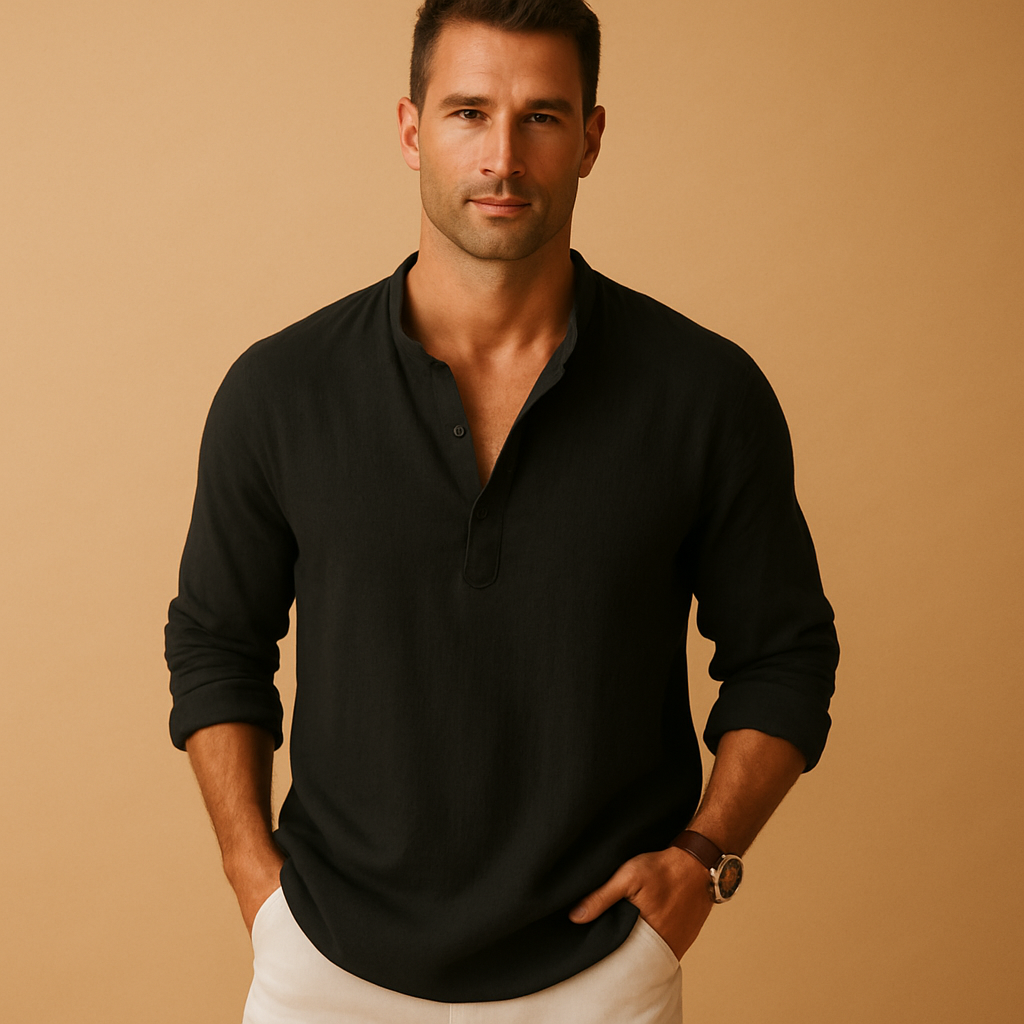 Lightweight V-neck long sleeve shirt for men in white, pink, navy, grey, blue, and black with breathable fabric and modern cut, perfect for summer and casual wear.
