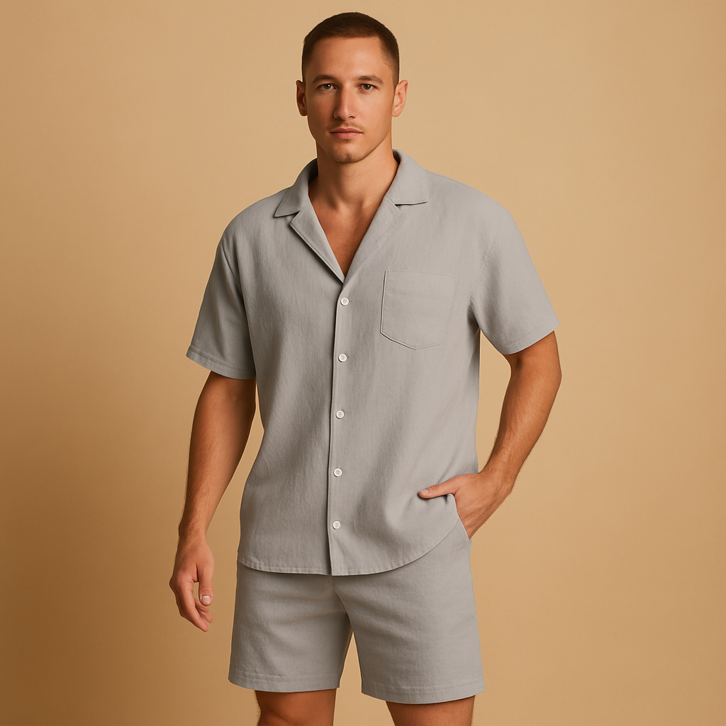 Stylish V-neck summer set for men with lapel collar shirt and elastic shorts, perfect for leisure, casual walks, and warm summer days.