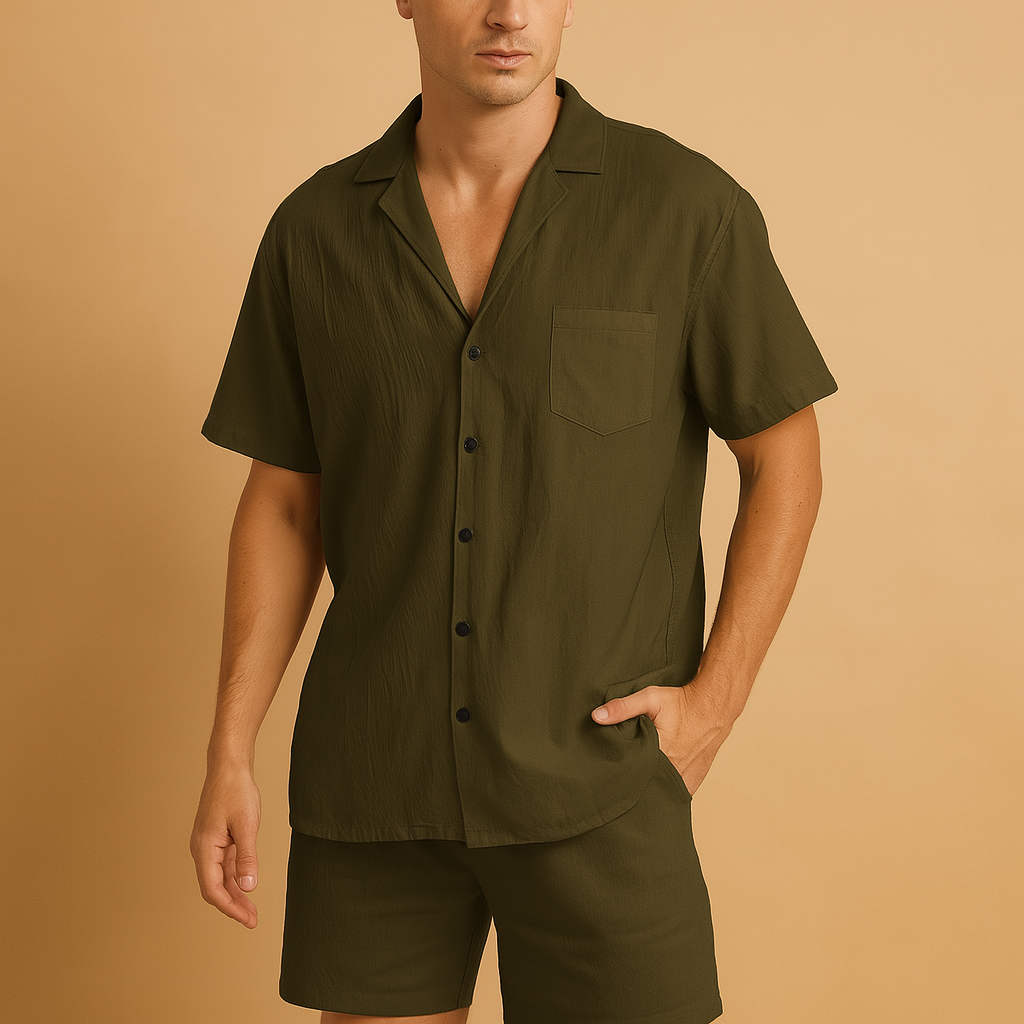 Stylish V-neck summer set for men with lapel collar shirt and elastic shorts, perfect for leisure, casual walks, and warm summer days.