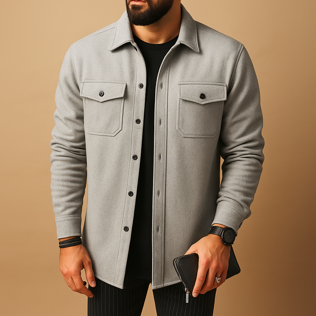 Men’s warm flannel shirt Connor with long sleeves and button closure, available in apricot, black, grey, or yellow. Perfect for autumn and winter outfits.