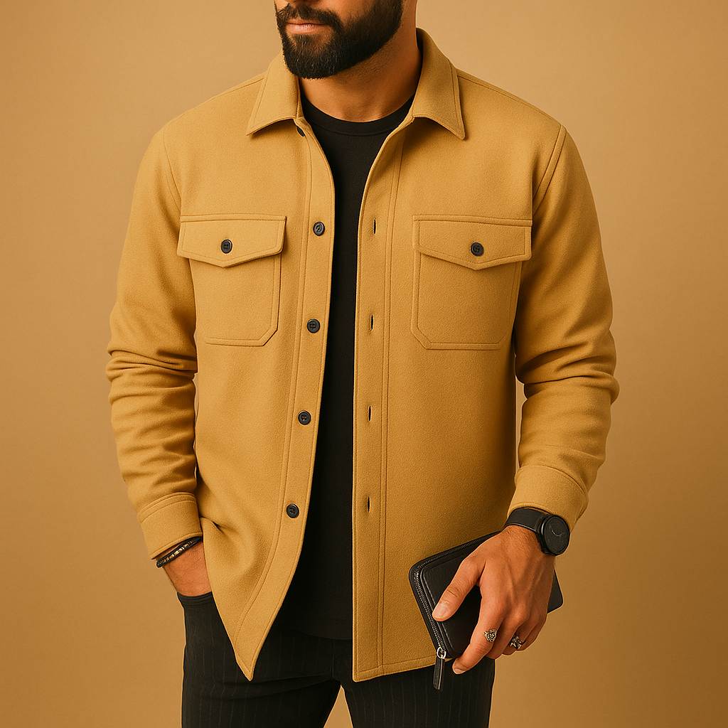 Men’s warm flannel shirt Connor with long sleeves and button closure, available in apricot, black, grey, or yellow. Perfect for autumn and winter outfits.