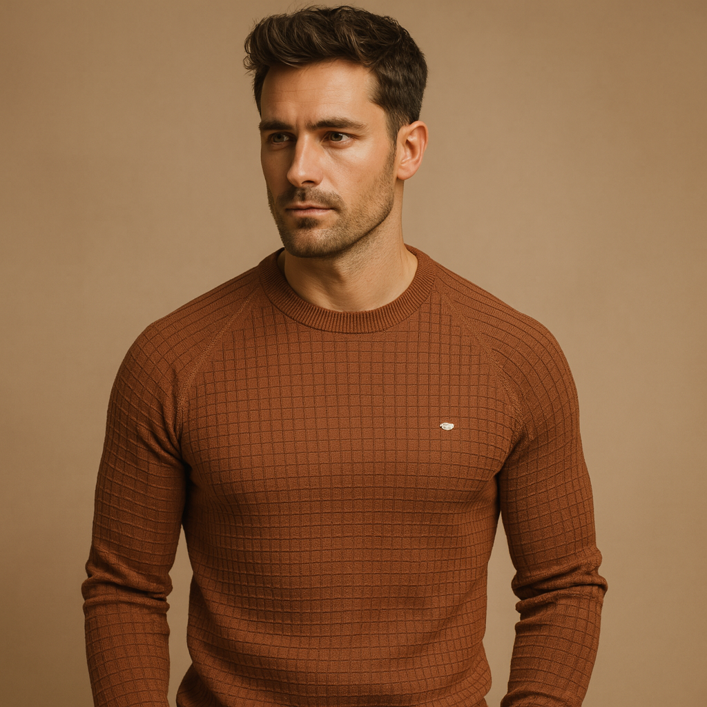Men’s warm knitted crew neck sweater with a soft fabric and relaxed fit, ideal for autumn and winter everyday outfits.