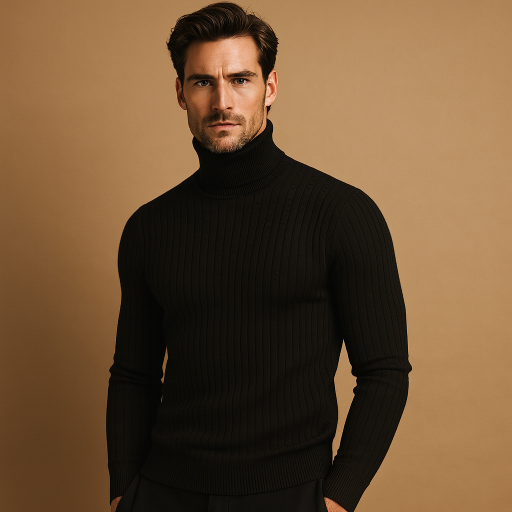 Men’s warm knitted turtleneck sweater with a classic fit, ideal for winter outfits and everyday comfort.