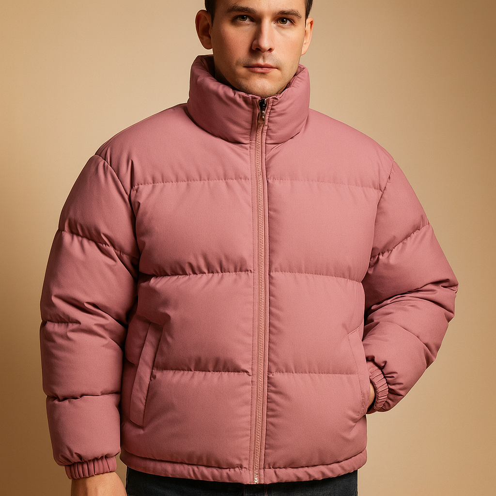Men’s warm winter coat with high collar and premium insulation, perfect for cold weather and stylish winter outfits.