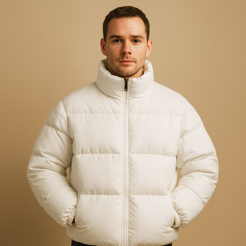 Men’s warm winter coat with high collar and premium insulation, perfect for cold weather and stylish winter outfits.