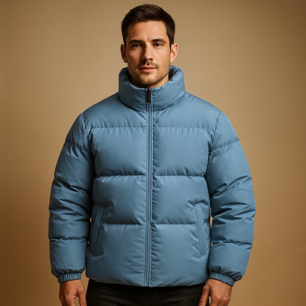 Men’s warm winter coat with high collar and premium insulation, perfect for cold weather and stylish winter outfits.