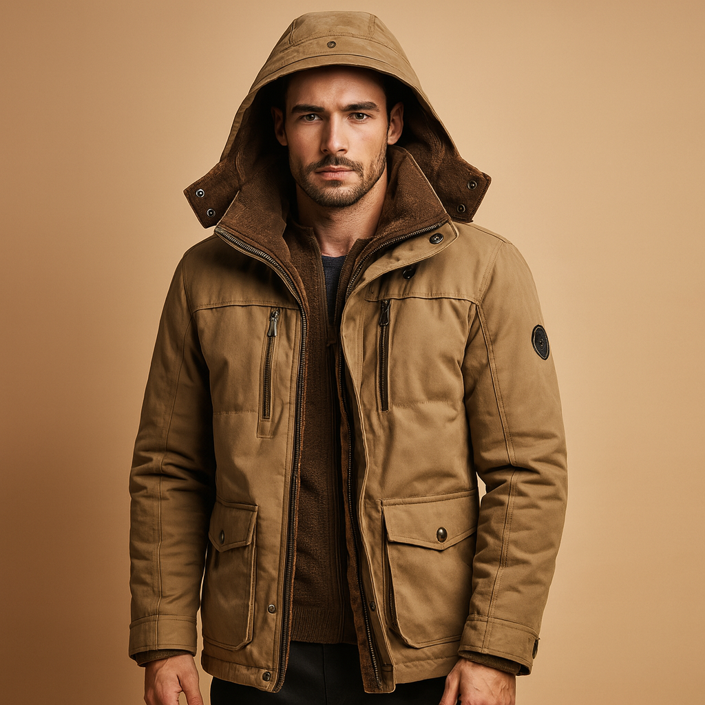 Men’s warm winter jacket with hood and thick inner lining, designed for cold, windy, and rainy days. Perfect for casual and outdoor wear.