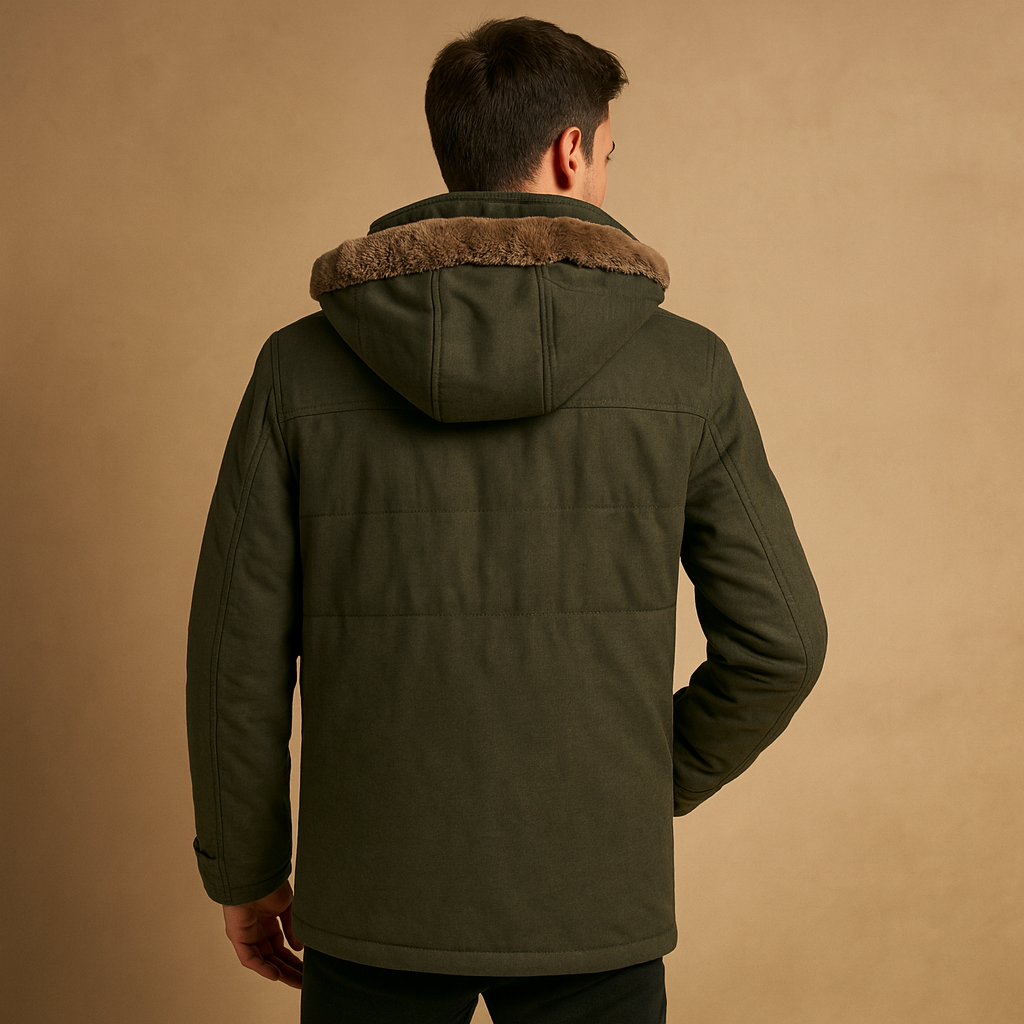 Men’s warm winter jacket with hood and thick inner lining, designed for cold, windy, and rainy days. Perfect for casual and outdoor wear.