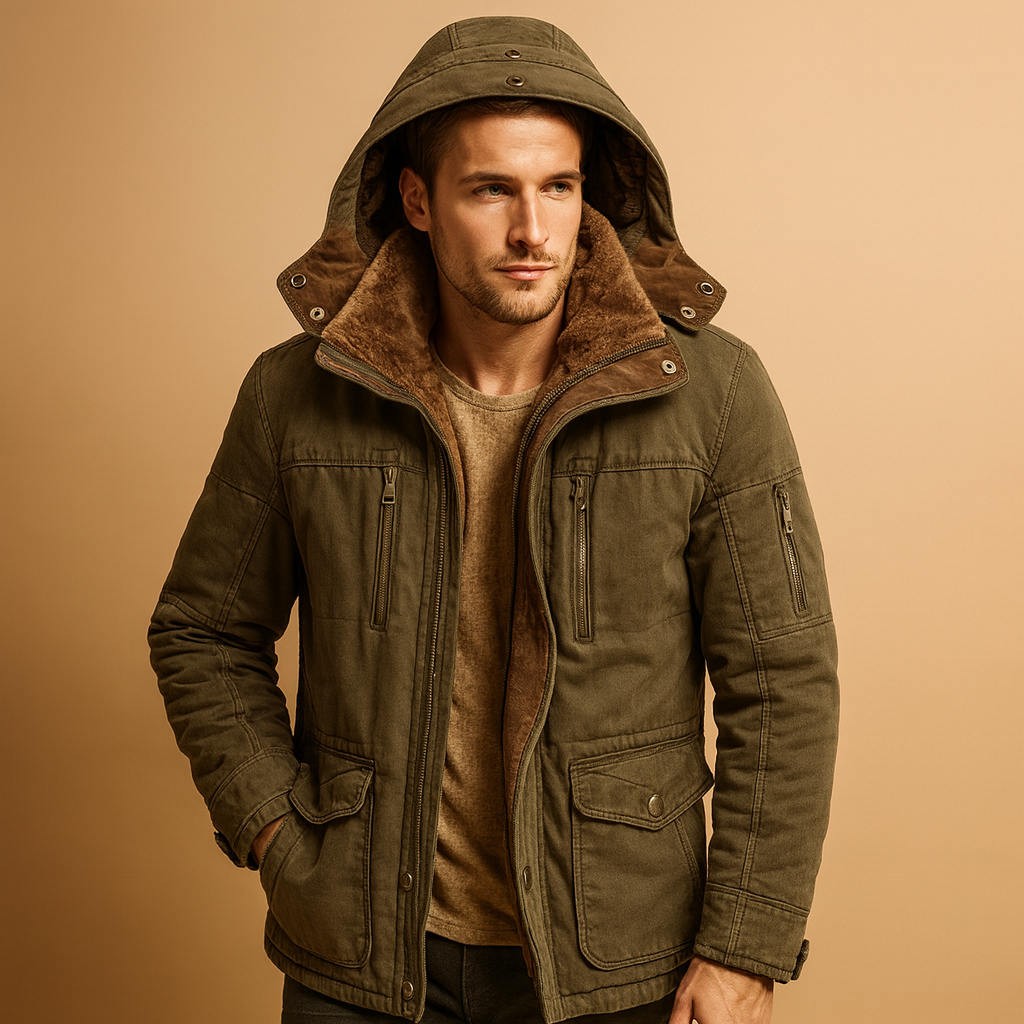 Men’s warm winter jacket with hood and thick inner lining, designed for cold, windy, and rainy days. Perfect for casual and outdoor wear.