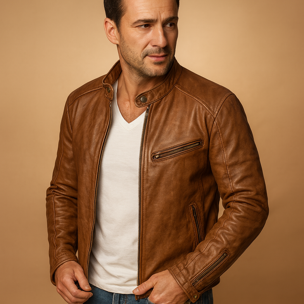 Men’s waterproof biker jacket with zipper closure and tailored fit, stylish and protective for city wear and rainy weather.