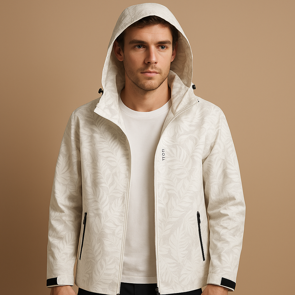 Men’s waterproof jacket with adjustable hood, breathable fabric, and subtle leaf pattern, perfect for outdoor and everyday wear.
