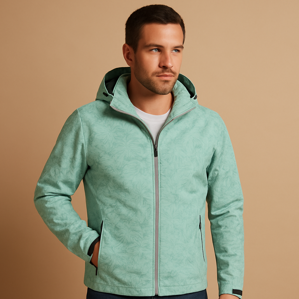 Men’s waterproof jacket with adjustable hood, breathable fabric, and subtle leaf pattern, perfect for outdoor and everyday wear.