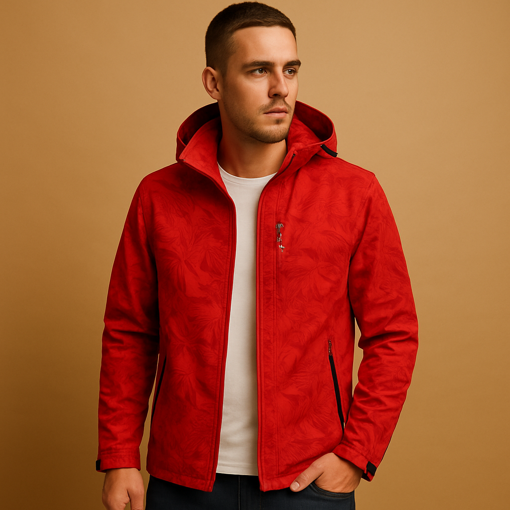 Men’s waterproof jacket with adjustable hood, breathable fabric, and subtle leaf pattern, perfect for outdoor and everyday wear.