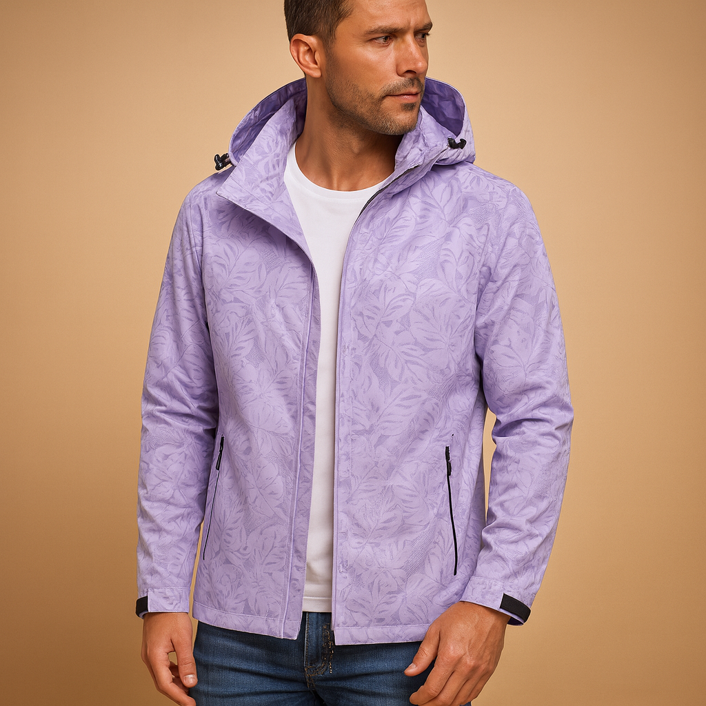 Men’s waterproof jacket with adjustable hood, breathable fabric, and subtle leaf pattern, perfect for outdoor and everyday wear.