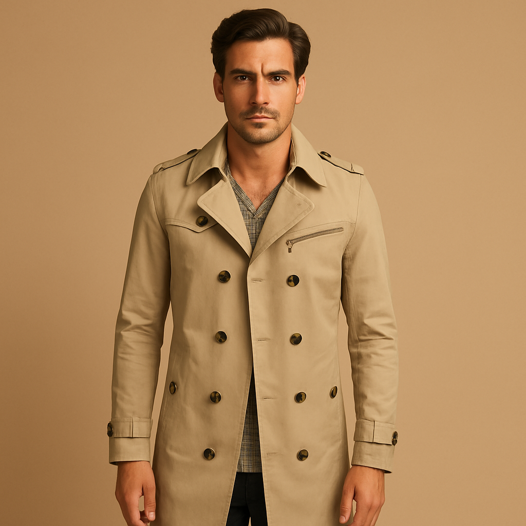 Men’s waterproof trench coat with classic double-breasted design, perfect for work, formal events, and casual wear in any season.