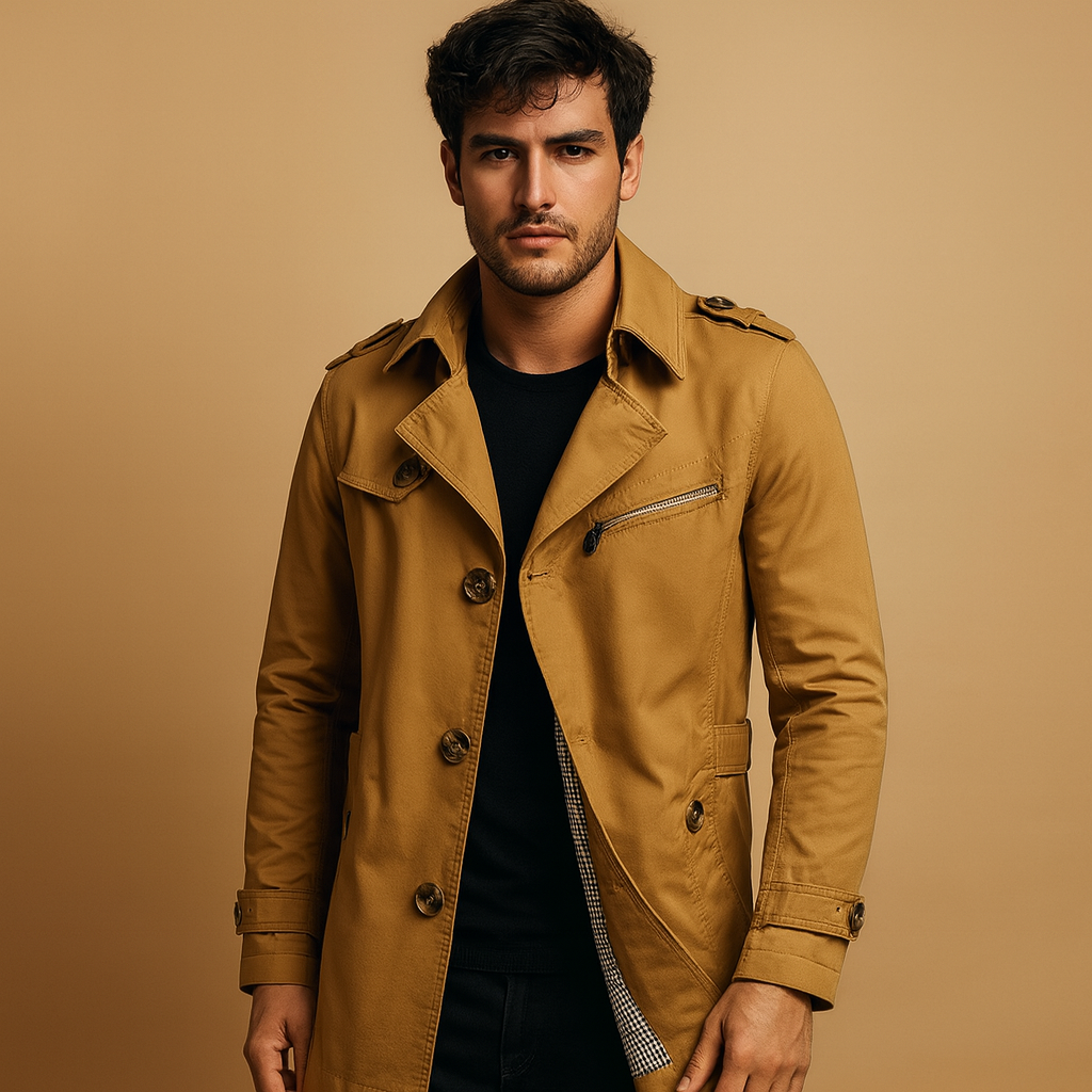 Men’s waterproof trench coat with classic double-breasted design, perfect for work, formal events, and casual wear in any season.