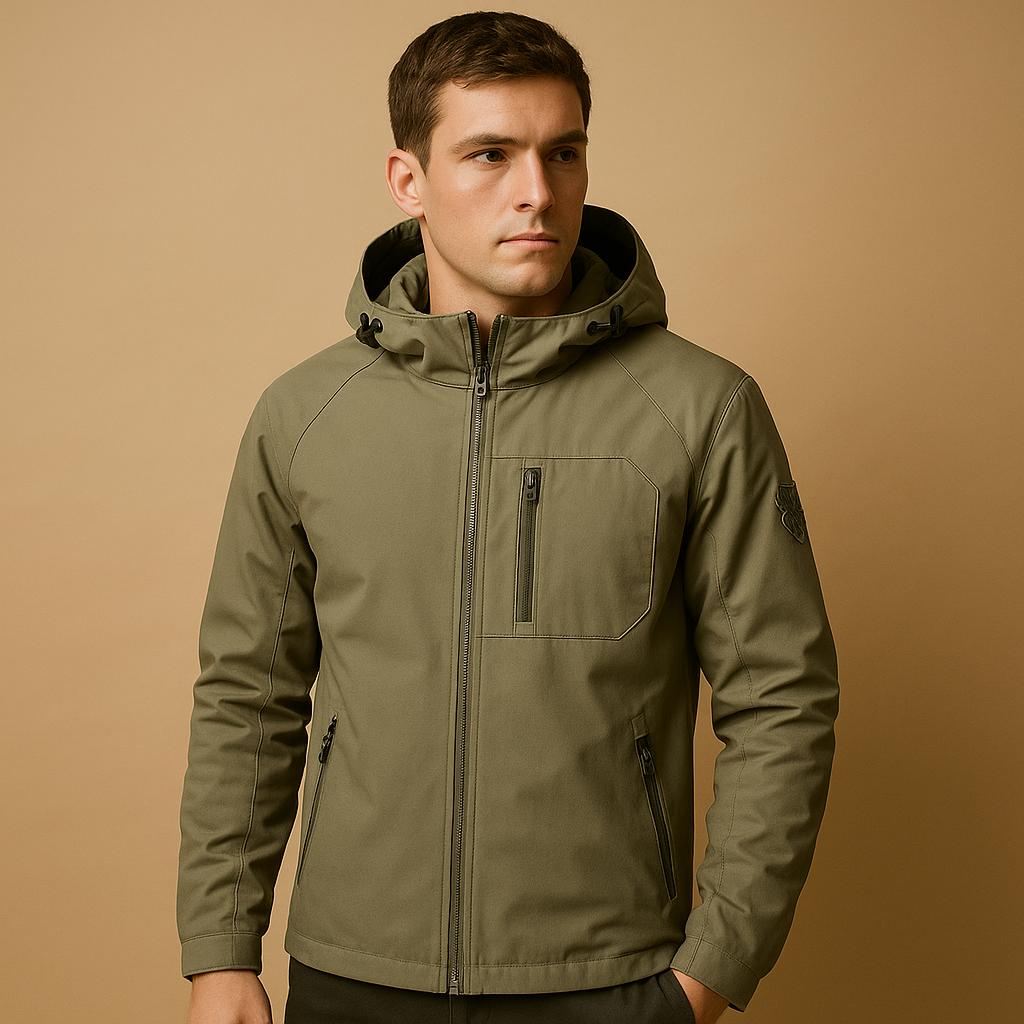 Men’s waterproof and breathable windbreaker jacket with zip pockets, ideal for outdoor activities, sports, and everyday wear.