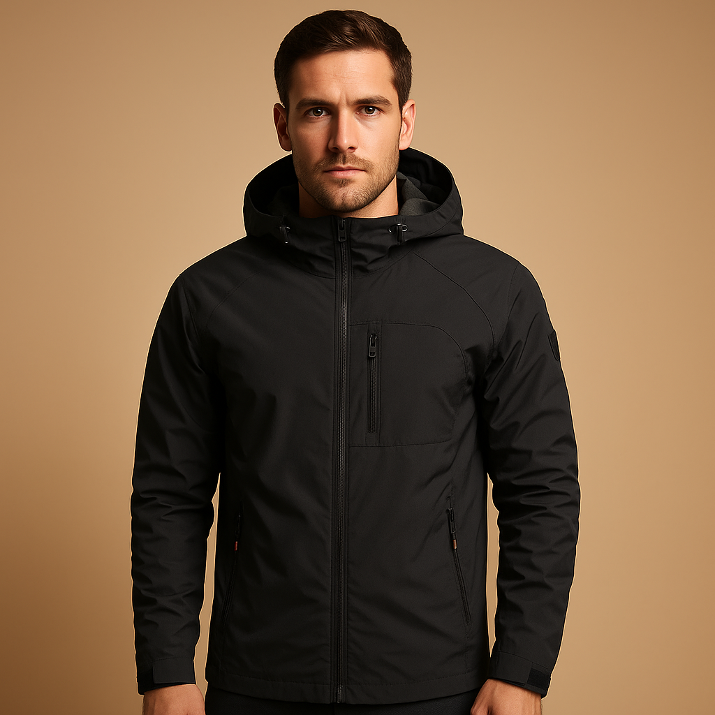 Men’s waterproof and breathable windbreaker jacket with zip pockets, ideal for outdoor activities, sports, and everyday wear.