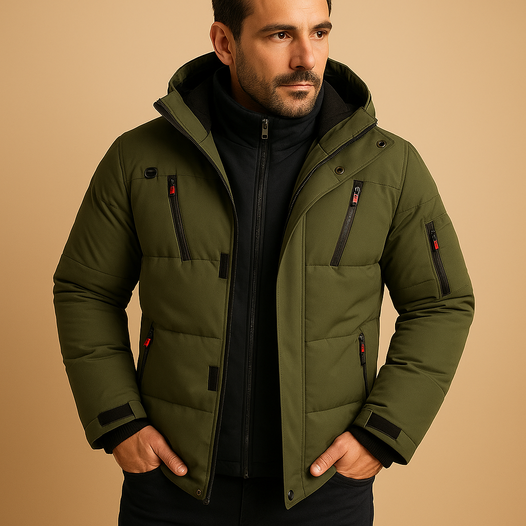 Men’s waterproof winter jacket with insulated lining and adjustable hood, perfect for outdoor activities and cold weather.