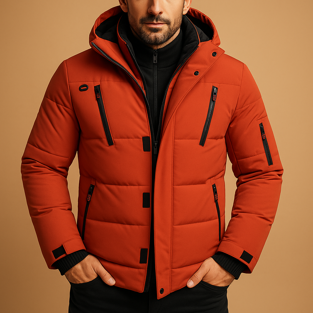 Men’s waterproof winter jacket with insulated lining and adjustable hood, perfect for outdoor activities and cold weather.