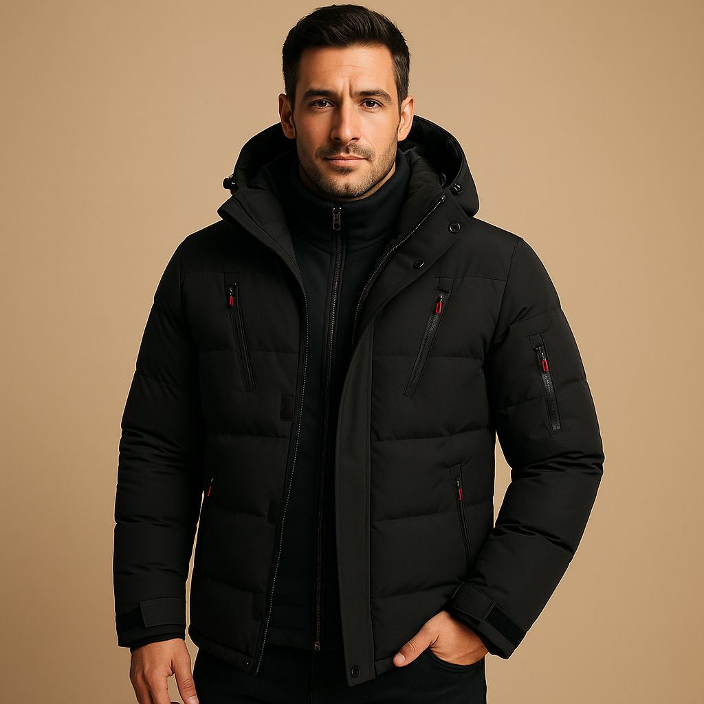 Men’s waterproof winter jacket with insulated lining and adjustable hood, perfect for outdoor activities and cold weather.