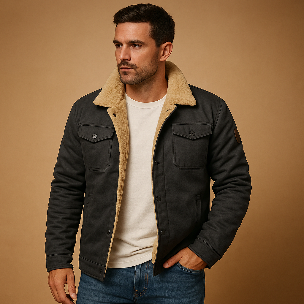 Men’s winter bomber jacket with ribbed hems and insulated lining, designed for comfort, warmth, and timeless casual style.