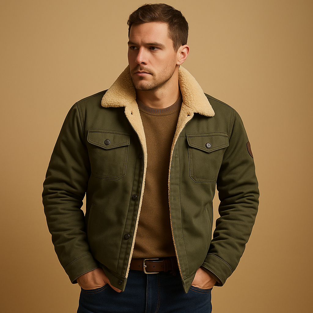 Men’s winter bomber jacket with ribbed hems and insulated lining, designed for comfort, warmth, and timeless casual style.