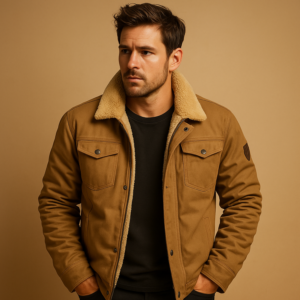 Men’s winter bomber jacket with ribbed hems and insulated lining, designed for comfort, warmth, and timeless casual style.