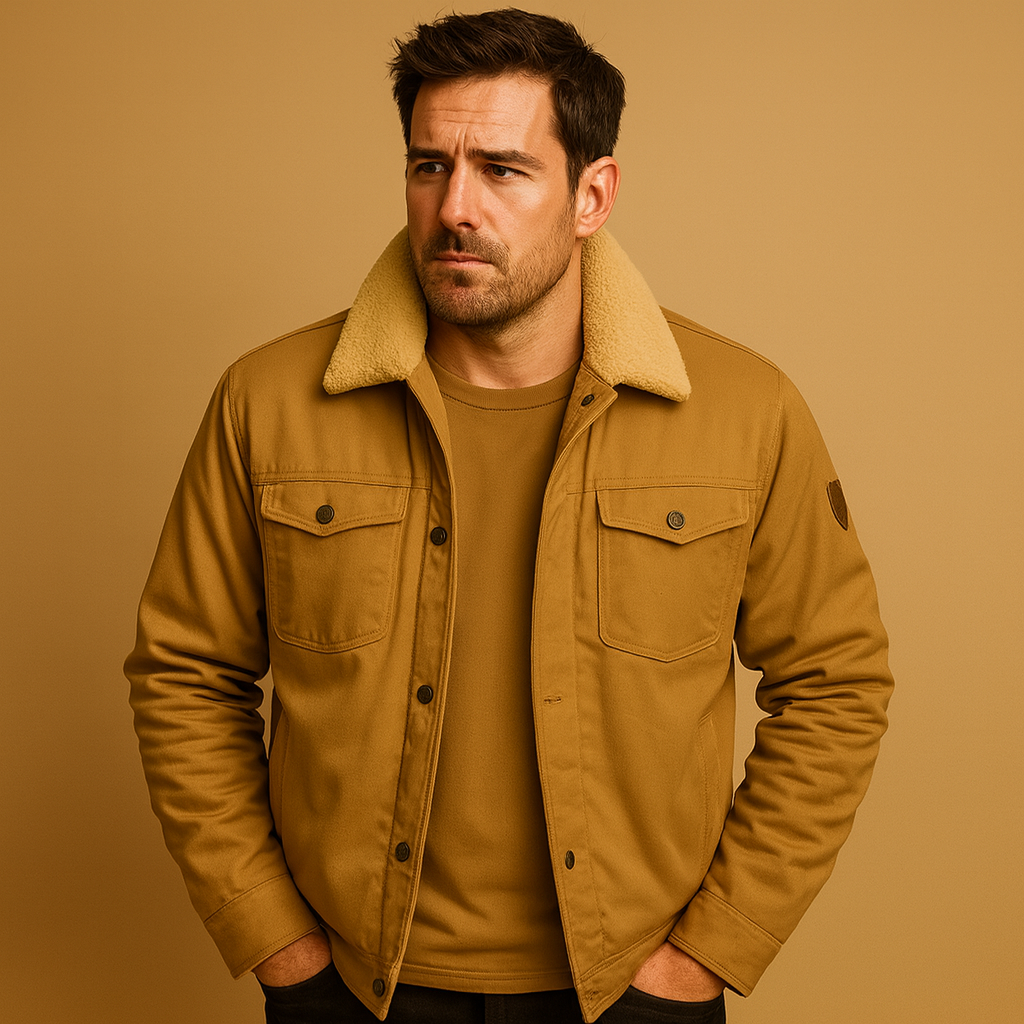 Men’s winter bomber jacket with ribbed hems and insulated lining, designed for comfort, warmth, and timeless casual style.