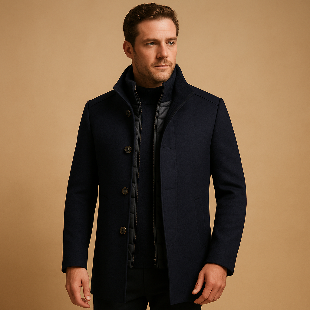 Elegant wool blend coat for men with mandarin collar and single-breasted fit, perfect for formal or everyday winter wear.