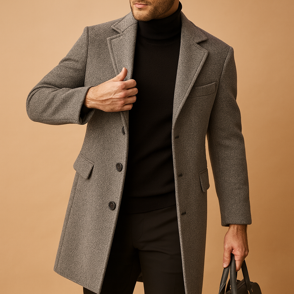 Elegant wool blend coat for men with relaxed fit and warm insulation, perfect for formal and everyday wear in autumn and winter.
